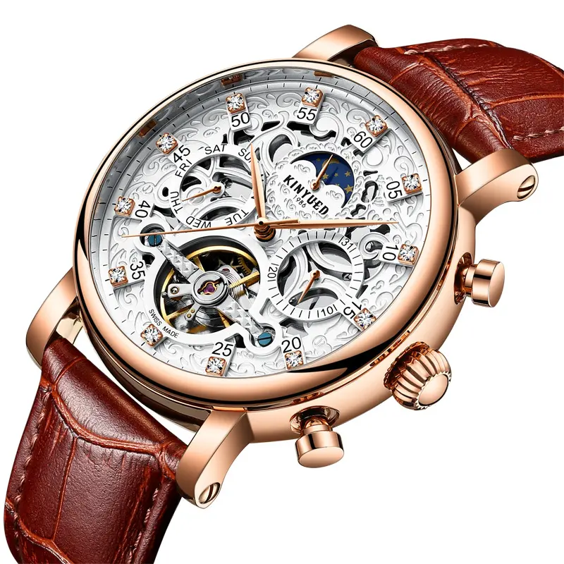 New KINYUED Genuine Automatic Leather Men's Watch Watches Hollow