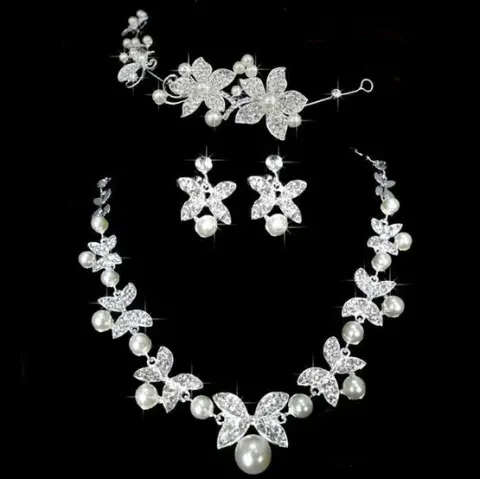 Butterfly Bridal Jewelry Set Chain Pearl Three Piece Soft