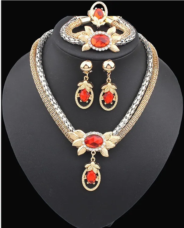 Bridal alloy four pieces of European and American double color crystal flower necklace earrings bracelet ring set 9132 - Shop at LoveMi