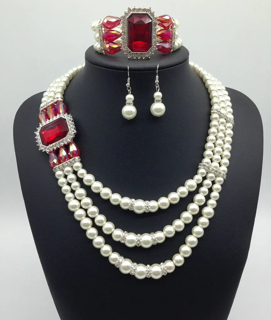 European fashion Diamond Gemstone Pearl Necklace Earrings
