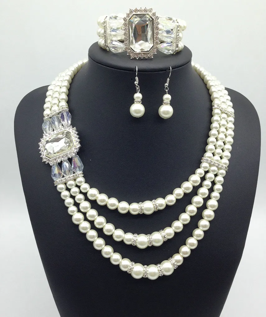 European fashion Diamond Gemstone Pearl Necklace Earrings Set multi bride chain bracelet three piece Necklace - White