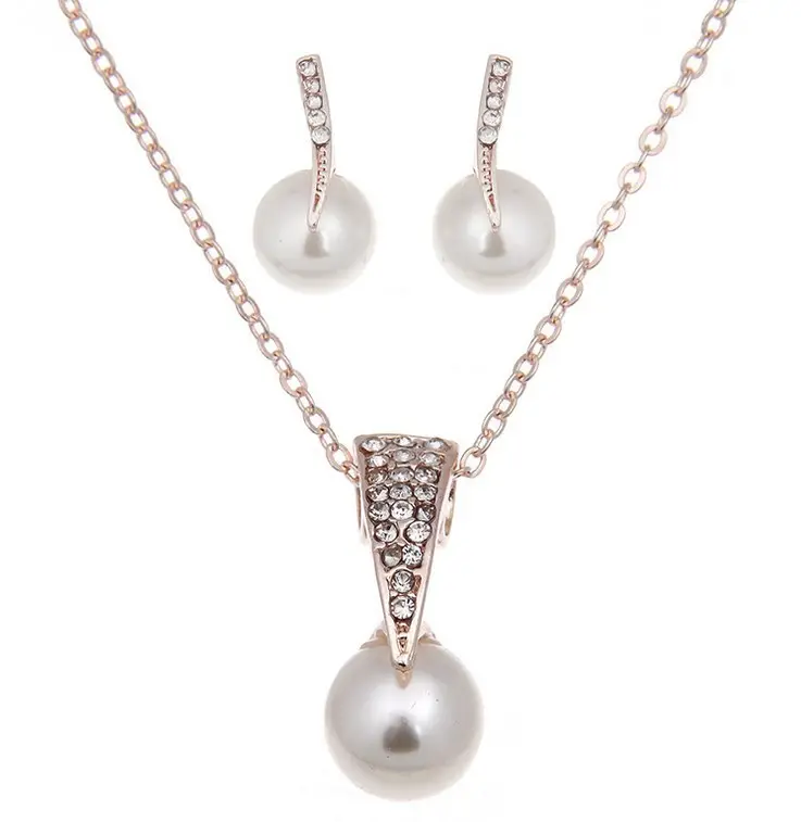 Bride Rhinestone Pearl Earrings Necklace Set Banquet