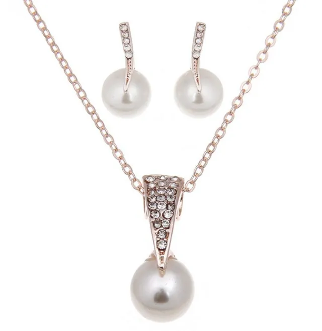 Bride Rhinestone Pearl Earrings Necklace Set Banquet Dress Jewelry - Shop at LoveMi