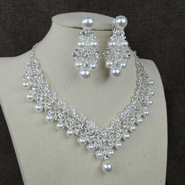 White pearl necklace diamond suit bride wedding accessories hair earrings set 0284 Earrings - Shop at LoveMi