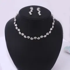 Simple diamond earrings necklace set bride Korean party dress wedding jewellery accessories - View 1