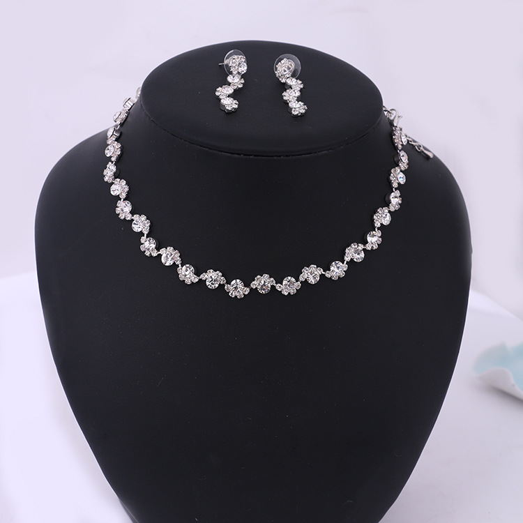 Simple diamond earrings necklace set bride Korean party dress wedding jewelry accessories — foto 3
