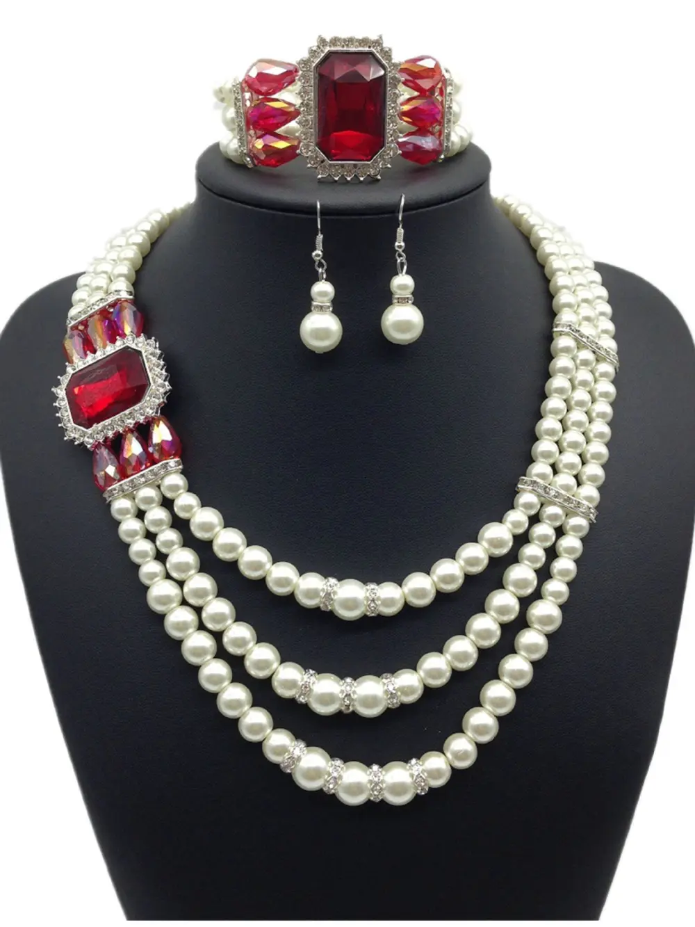 European Fashion Diamond Gemstone Pearl Necklace Earrings Set Multi