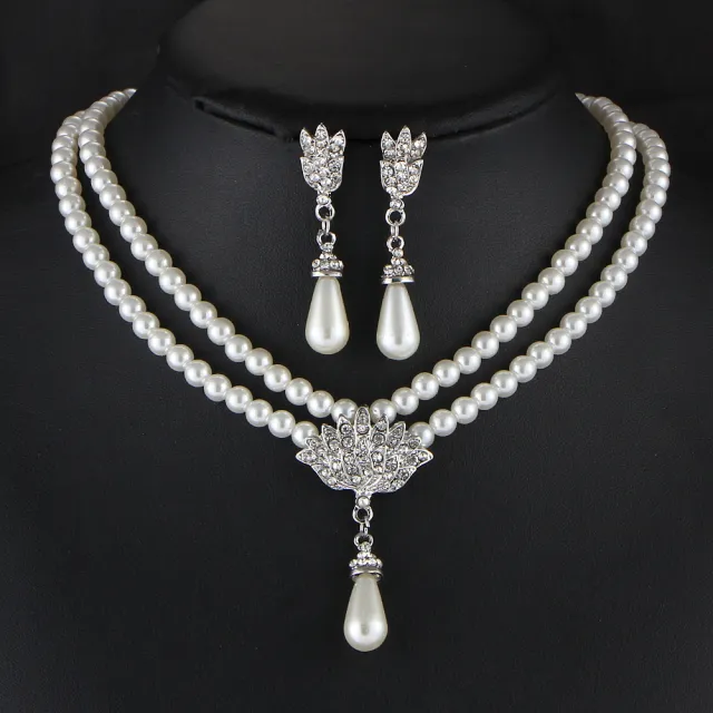 Jewelry Bridal Pearl Crystal Diamond Short Clavicle Neck Necklace Set - Shop at LoveMi