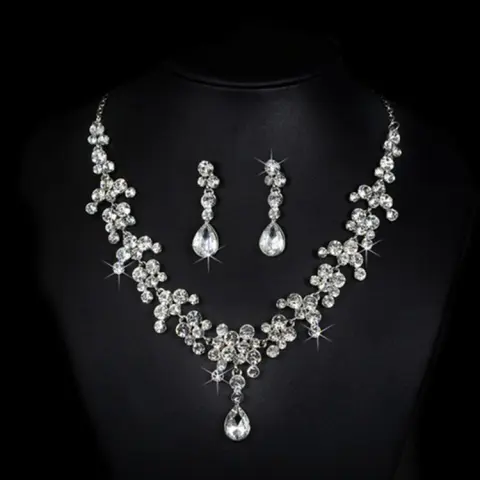 Korean Wedding Bride Female Diamond Necklace Earrings Set Water