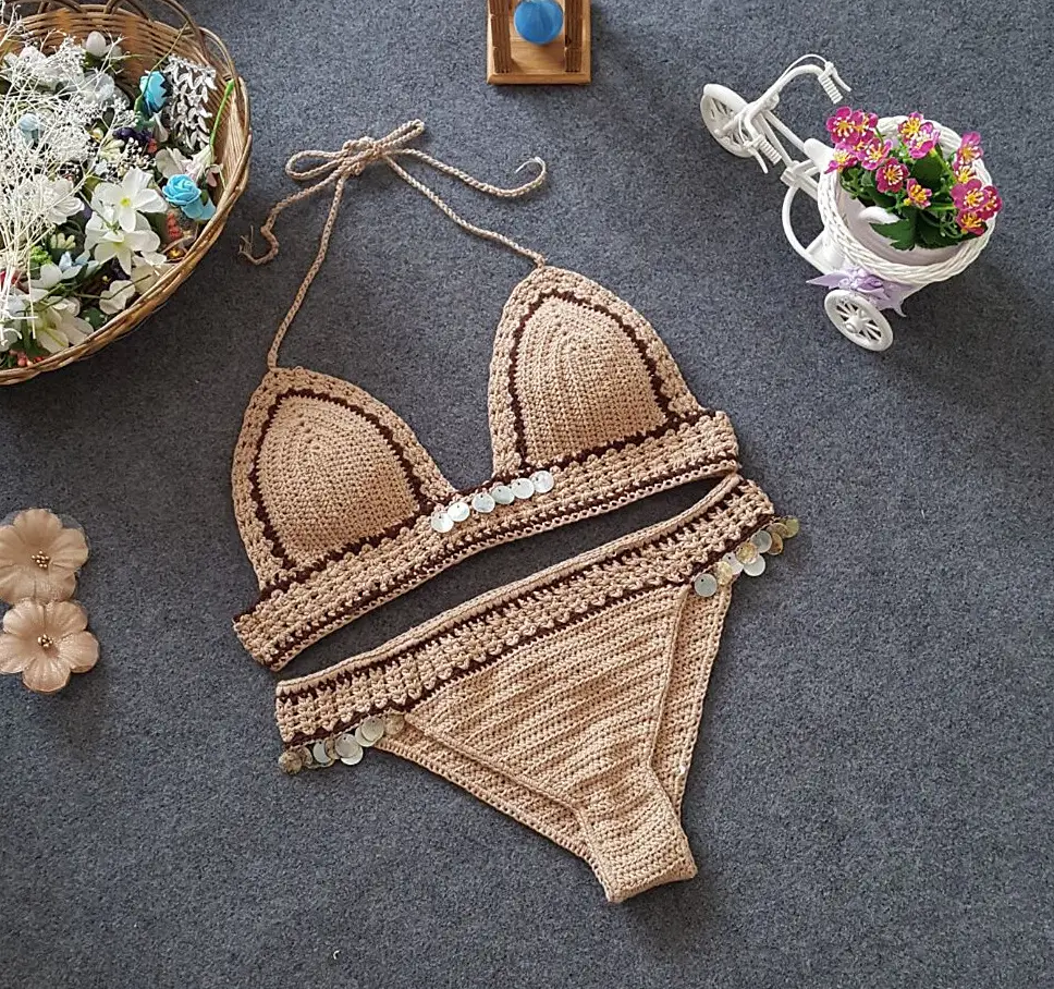 Foreign Trade New Knitted Bikini, Europe And America Beach Shell, Mermaid Lady Split Sexy Swimsuit Set