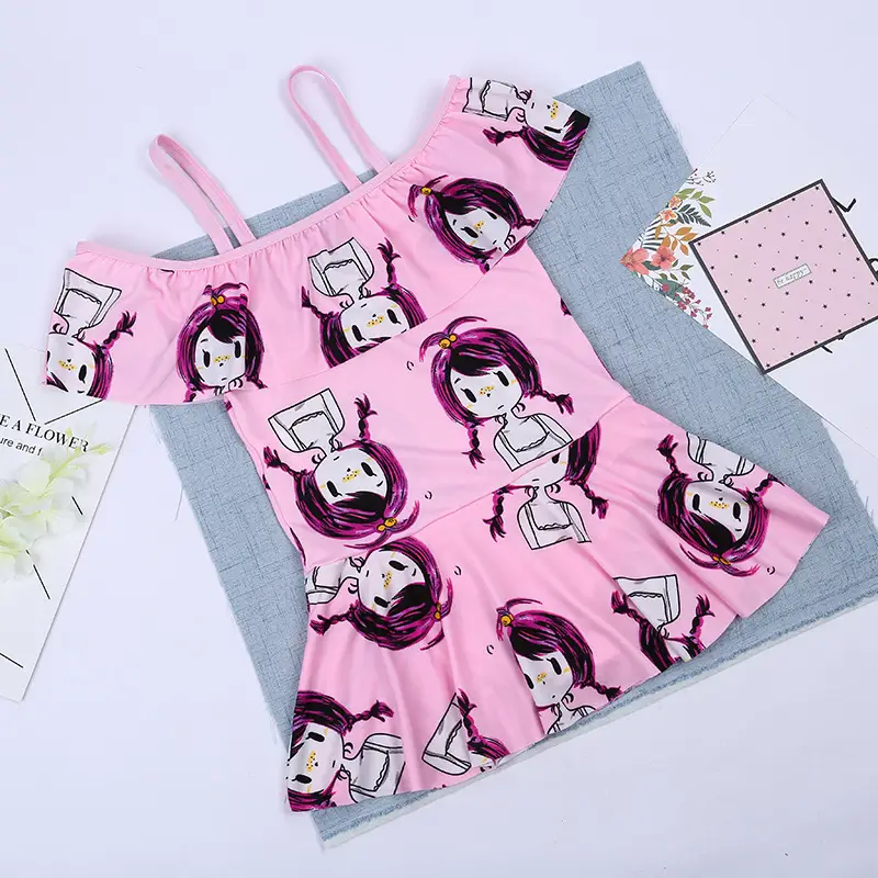 Children's Cartoon Print Off-Shoulder Swimsuit Set