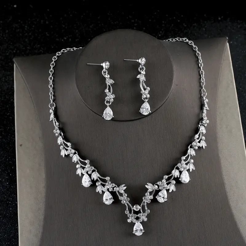 Simple Zircon Necklace Earrings Korean Bride Wedding