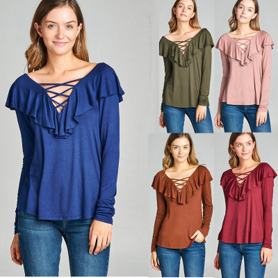 V-neck ruffled base T-shirt