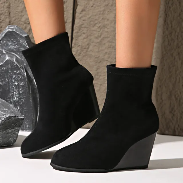 Fashion Thick soled Wedges Boots Winter Suede Height increasing Shoes Warm Solid Ankle Boot Black - Shop at LoveMi