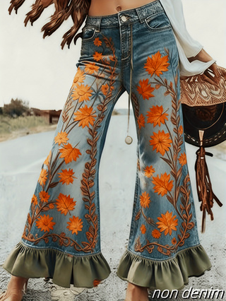 Ladies' Casual And Fashionable Retro Printed High-waisted Single-button Flared Pants, Comfortable Fake Jeans Can Modify The Leg Shape