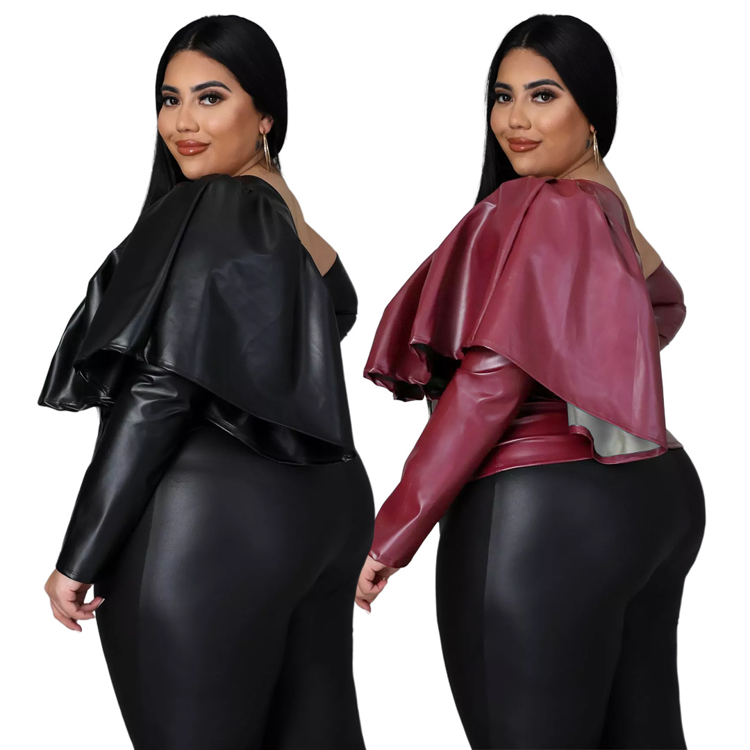 Elastic Matte Leather Oblique Shoulder Wooden Ear Top