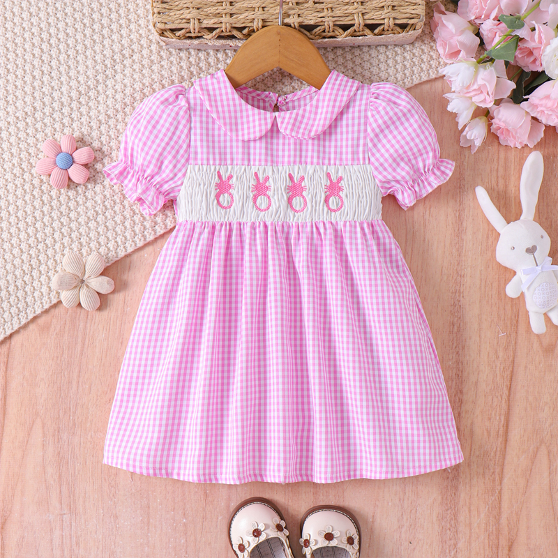 Toddler Girl's Lapel Bubble Sleeve Dress, Checkered Pattern & Bunny Embroidery A-Line Summer Dress