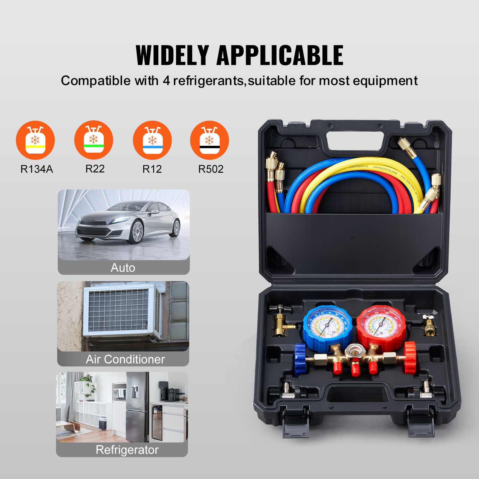 VEVOR AC Gauge Set - 3 Way AC Manifold Gauge Set For R134A R22 R12 R502 Refrigerant, Freon Gauges With 5ft Hoses, Couplers, Can Tap Works On Car Auto Freon Charging And Evacuation — foto 10