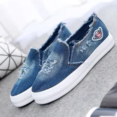 Summer canvas shoes female chunky loafer cowboy student pedal lazy shoes casual ladies shoes - Blue - View 1