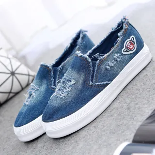 Summer canvas shoes female chunky loafer cowboy student pedal lazy shoes casual ladies shoes - Blue