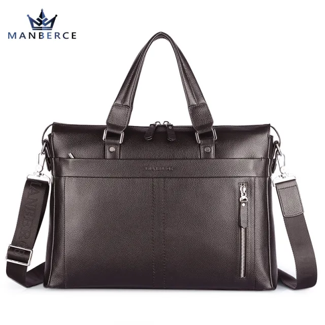 Manbers brand real leather business and leisure handbag official document of Baotou layer men's single shoulder large capacity package Brown - Shop at LoveMi