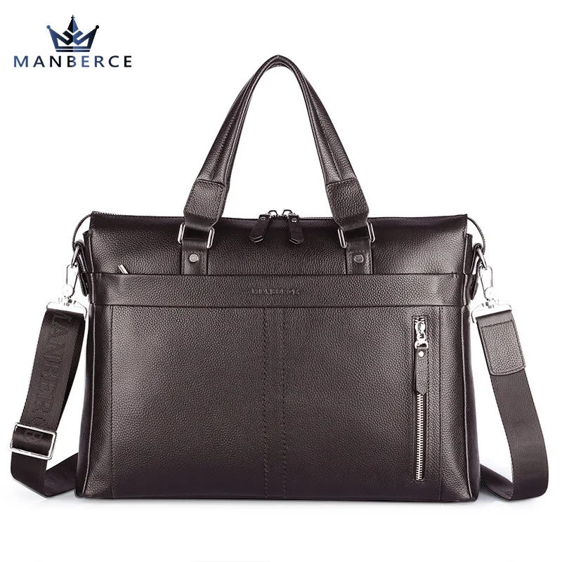 Manbers brand real leather business and leisure handbag official document of Baotou layer men's single shoulder large capacity package - Brown
