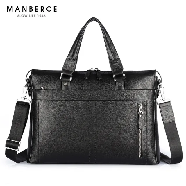 Manbers brand real leather business and leisure handbag official document of Baotou layer men's single shoulder large capacity package Black - Shop at LoveMi