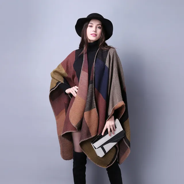 Autumn And Winter Scarf Wild Plaid Ladies Travel Shawlimitation Cashmere Ethnic Wind Split Thick Cloak Khaki - Shop at LoveMi