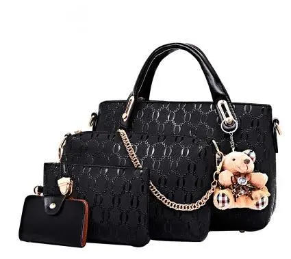 new Korean fashion handbags embossed four piece ladies bag shoulder diagonal handbag - Black