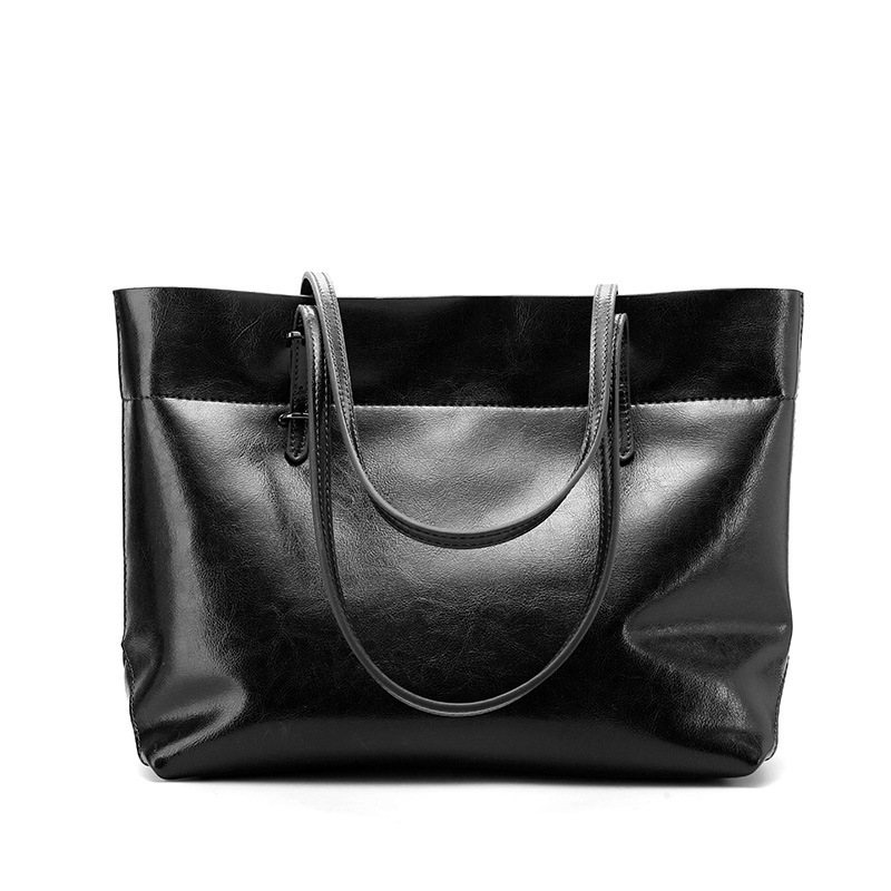 New Handbag Leather Casual Wax Cowhide Handbag Bag Lady Bag Factory Horizontal Black - Shop at LoveMi