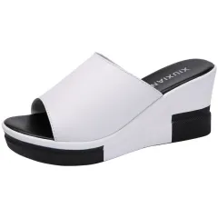Summer new leather wedge women's sandals and slippers thick-soled sandals sandals women's beach shoes word cool drag women - White - View 1