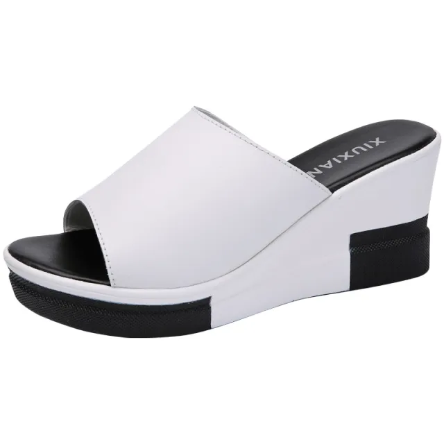 Summer new leather wedge women's sandals and slippers thick soled sandals sandals women's beach shoes word cool drag women White - Shop at LoveMi