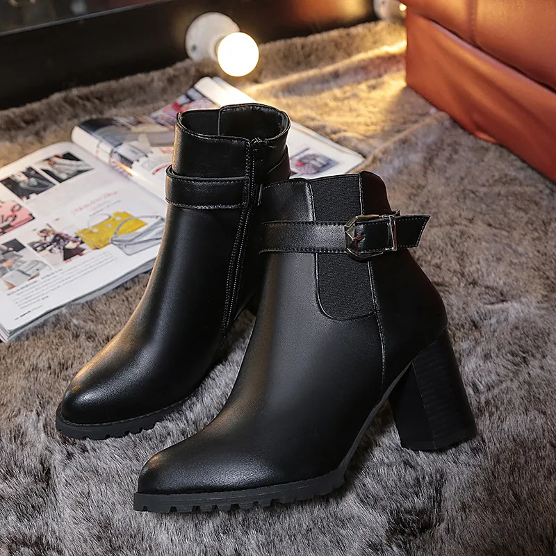 new high-heeled boots in spring and autumn, Ms. Martin all-match British style rough with female boots tide - Black