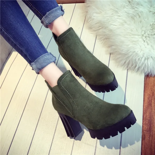 autumn and winter new lady Martin boots waterproof platform rough heel suede short tube European and American Wind boots Green - Shop at LoveMi