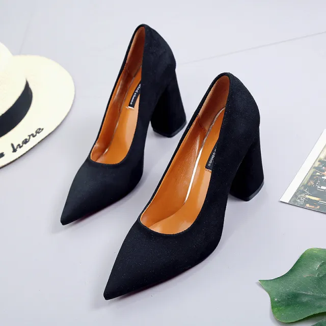 autumn new lady's single shoes, high heel heel and shallowly shallowly suede professional women shoes Black - Shop at LoveMi