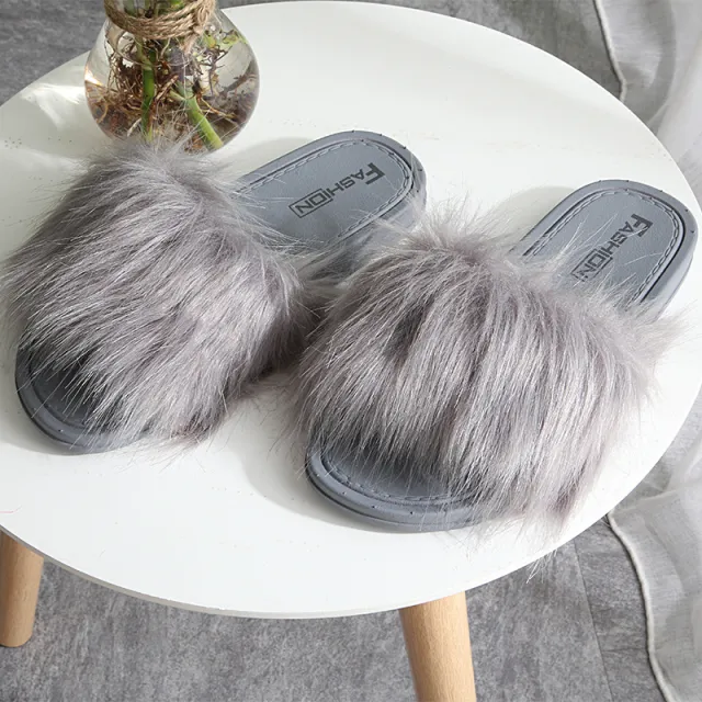 New Style Slippers female hair slippers fashion outside wear Maomao shoes ladies hair cool slippers Grey - Shop at LoveMi