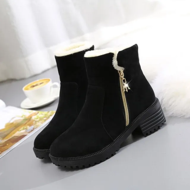 Short Suede Side Zip Student Thick Mid Heel Boots Black - Shop at LoveMi