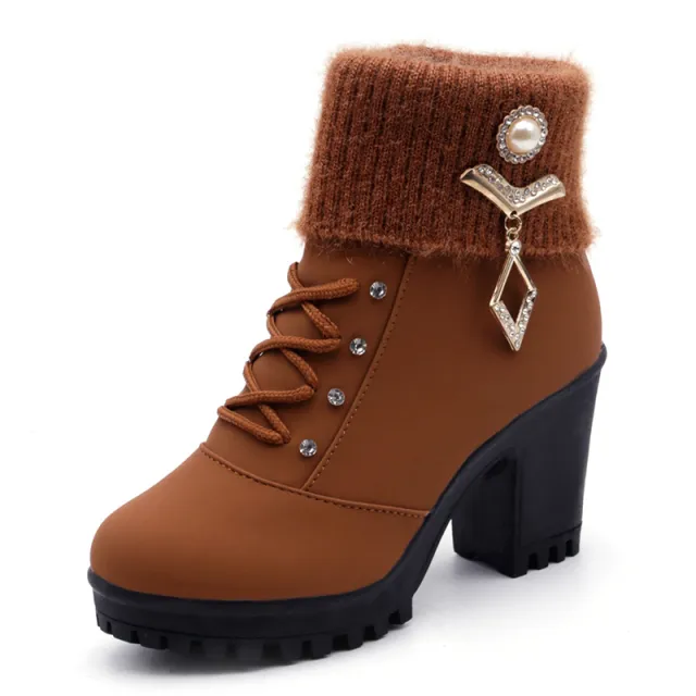 new women's boots with coarse Martin boots female round high heeled shoes in autumn and winter warm mix boots Brown - Shop at LoveMi
