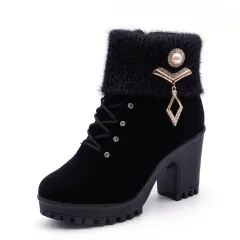 new women's boots with coarse Martin boots female round high-heeled shoes in autumn and winter warm mix boots - Black - View 1
