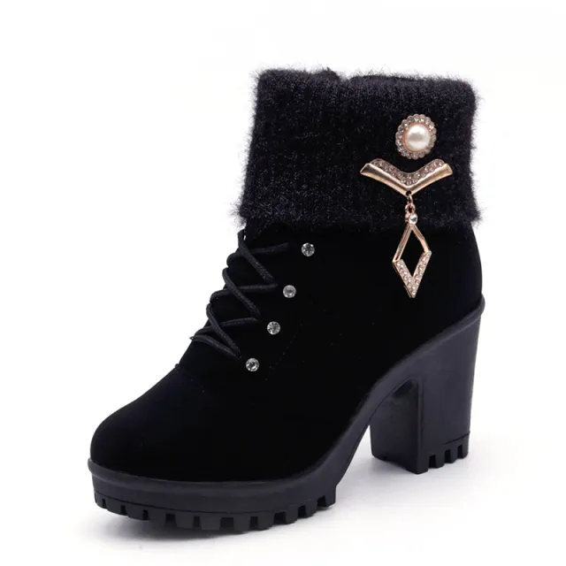 new women's boots with coarse Martin boots female round high heeled shoes in autumn and winter warm mix boots Black - Shop at LoveMi