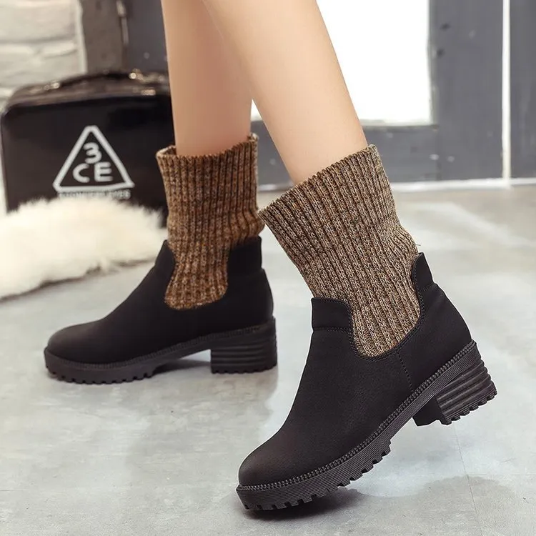 new autumn and winter boots with coarse wool export Ms. Rome thick bottomed cylinder with elastic foreign trade shoes - Black