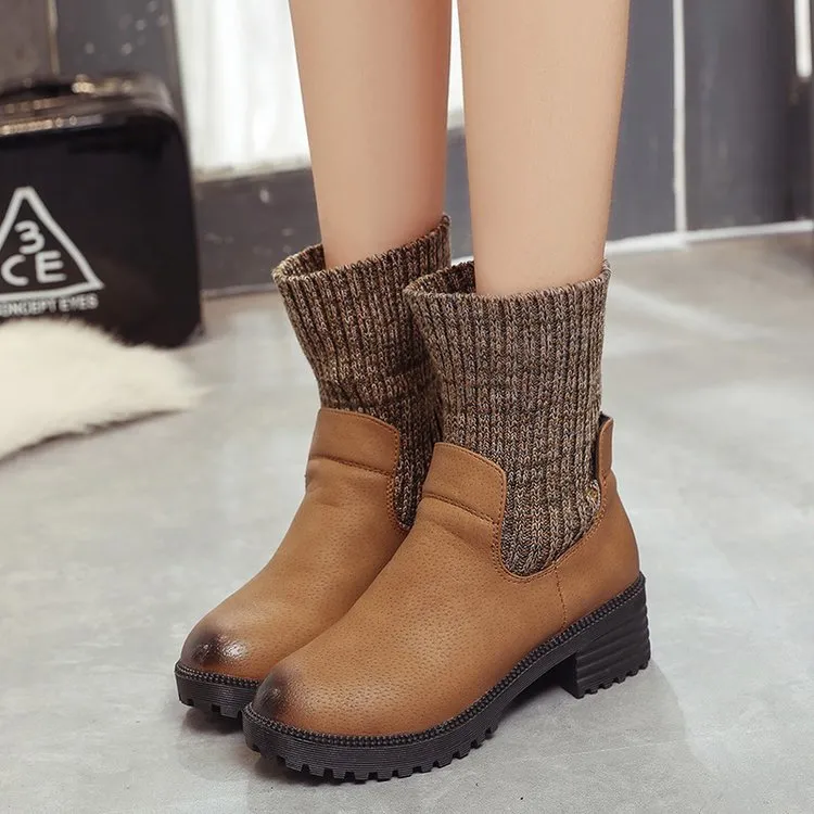 new autumn and winter boots with coarse wool export Ms. Rome thick bottomed cylinder with elastic foreign trade shoes - Khaki