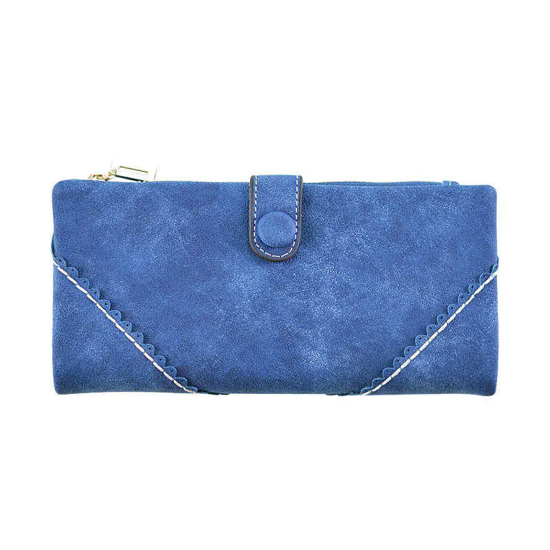 Lady purse female long lace lace buckle zipper multifunction large volume Purse Leather Wallet hand - Blue