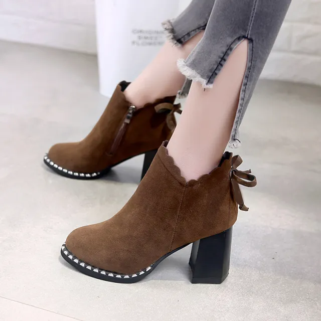 female short boots new autumn winter warm Martin boots bows ornament high heels European shoes Brown - Shop at LoveMi