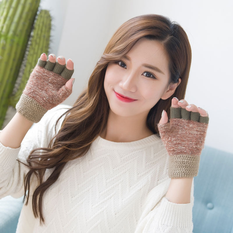 Women's half finger gloves wholesale female autumn winter Korean version of warm lovable double use of double finger wool gloves students