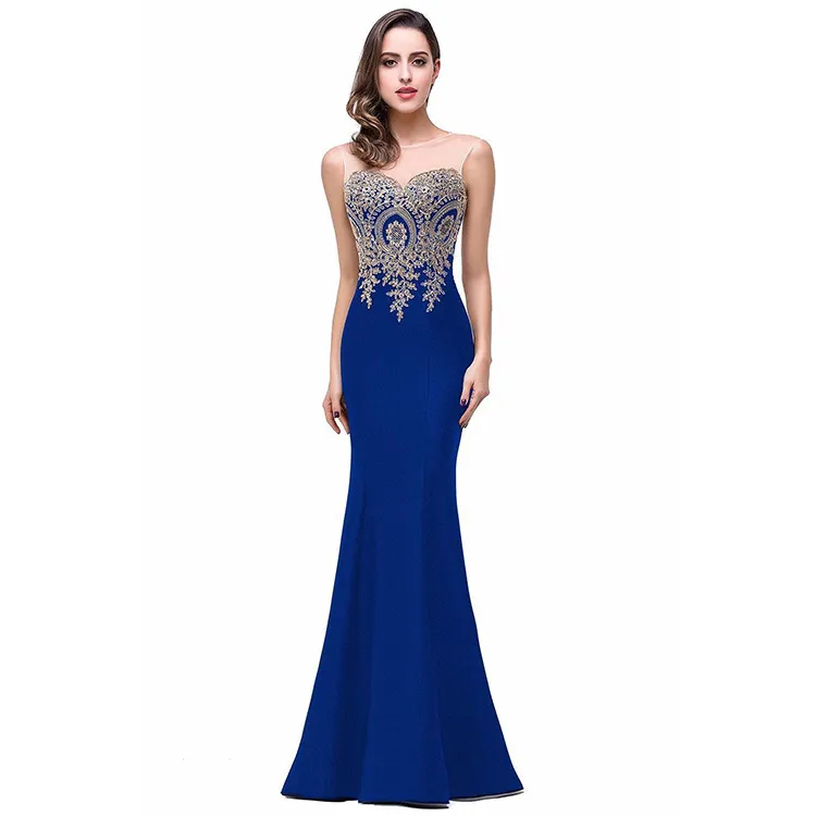 Europe dress sexy back hollow applique package hip dress fishtail skirt female perspective - Blue