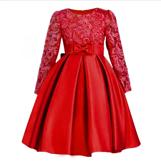 Carisa Europe and America autumn and winter children's dress princess dress long sleeve flower girl dress female purple lace costumes - Red