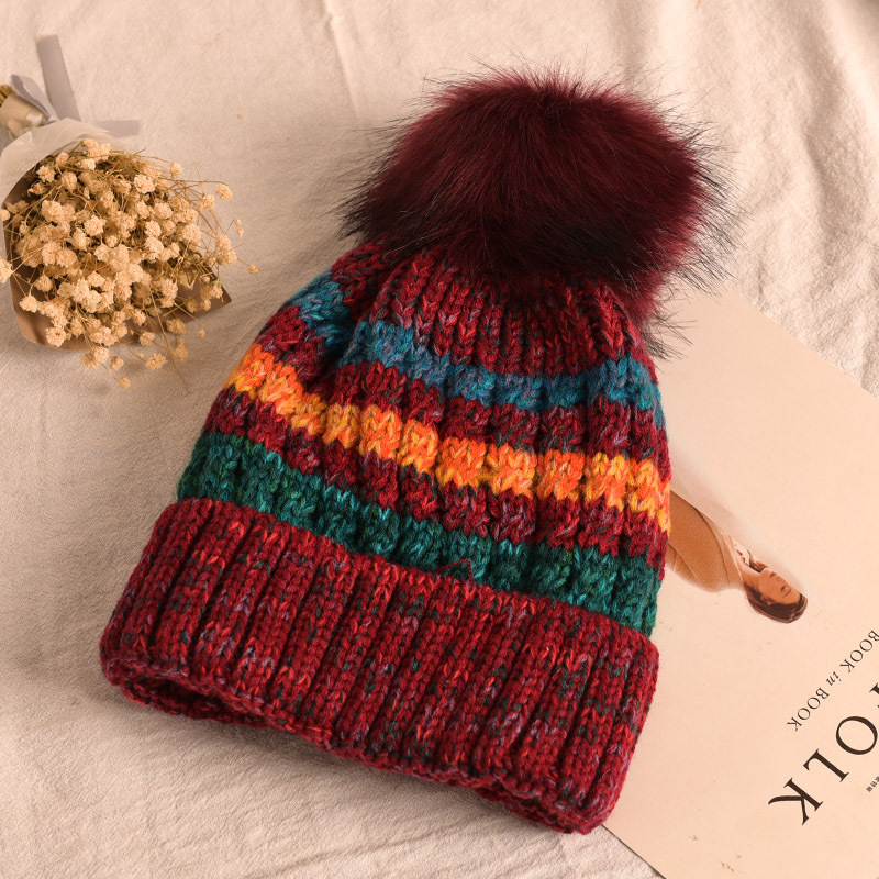 Autumn and winter knit hat ladies color striped wool hat plus velvet thick warm Korean version of the tide hair ball hat