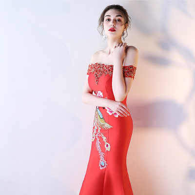 Women's satin strapless slim-fit mermaid red toast suit