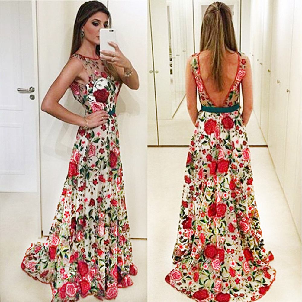 Fashion sleeveless embroidered evening dress